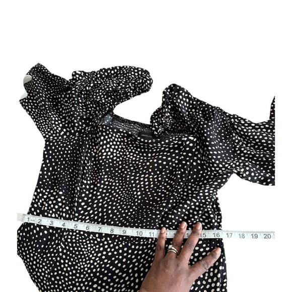 Black & White Polka Dot Long Sleeve Midi Peasant Dress Square Neck Ruched Size L - Picture 7 of 14